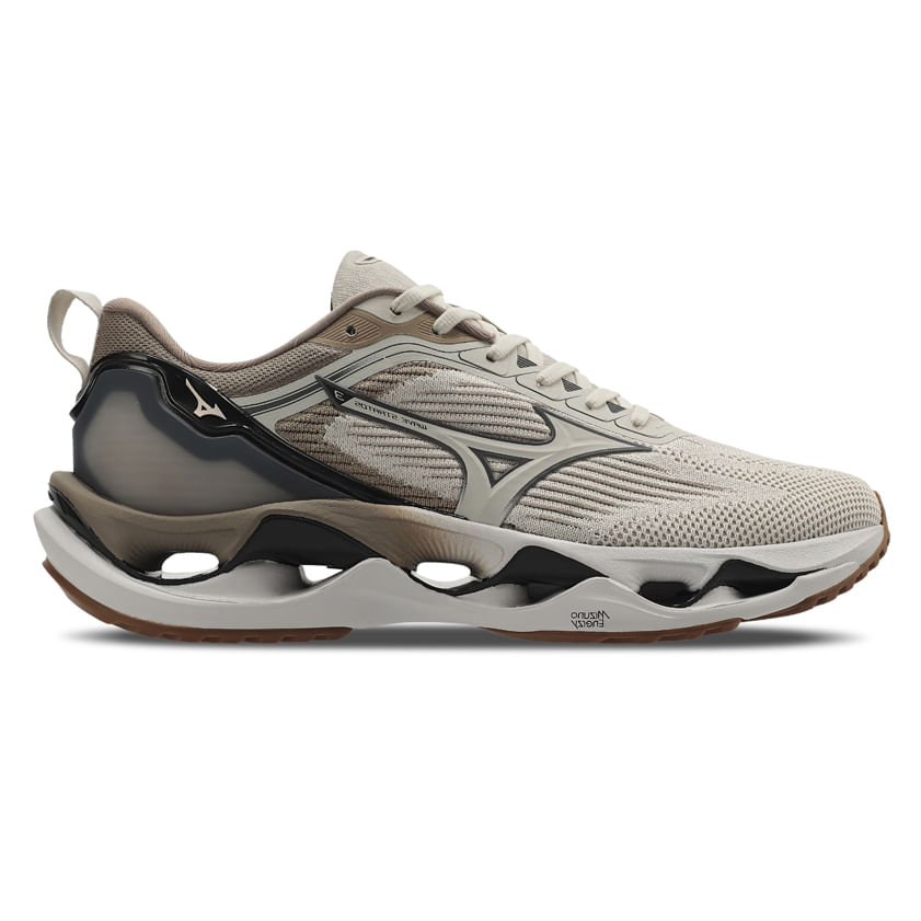 Tênis de corrida Mizuno Wave Stratos 3 bege masculino, com design moderno e detalhes em cinza e preto